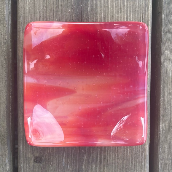 Fused Glass Pink, Red, and White Swirl Trinket Dish Tealight Holder Catchall - Picture 4 of 13
